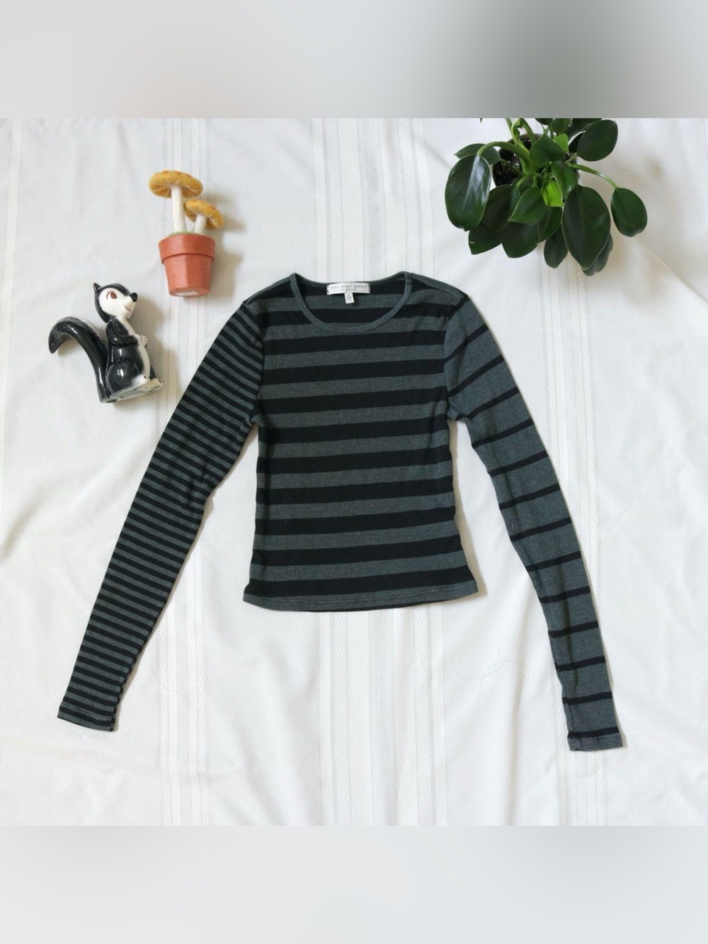 Green and black striped long sleeve rib knit shirt